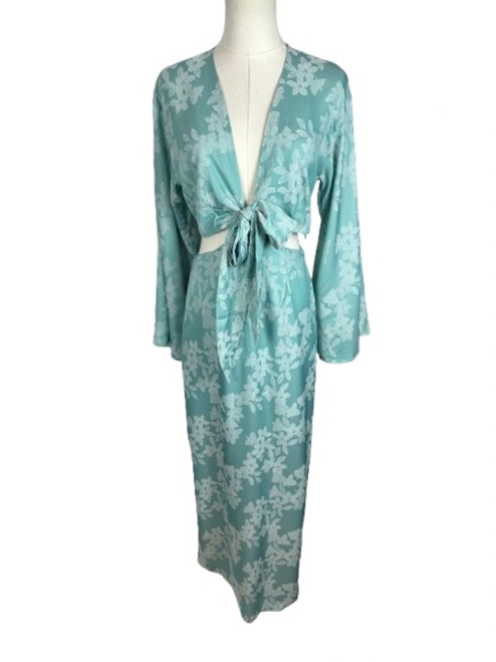 Tie-Front Maxi Dress in Light Aqua Floral
